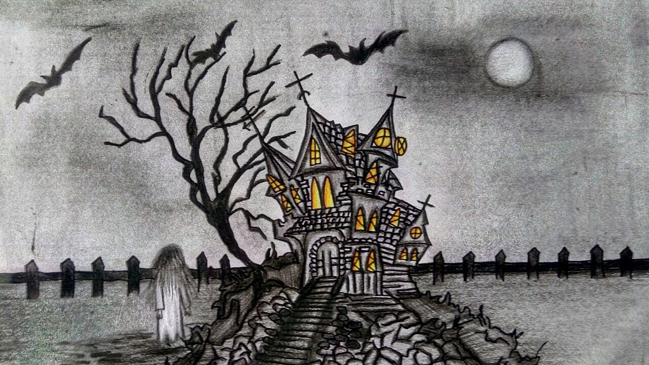 Haunted House Drawing - How To Draw a Haunted House || Halloween Drawings || step by step tutorial