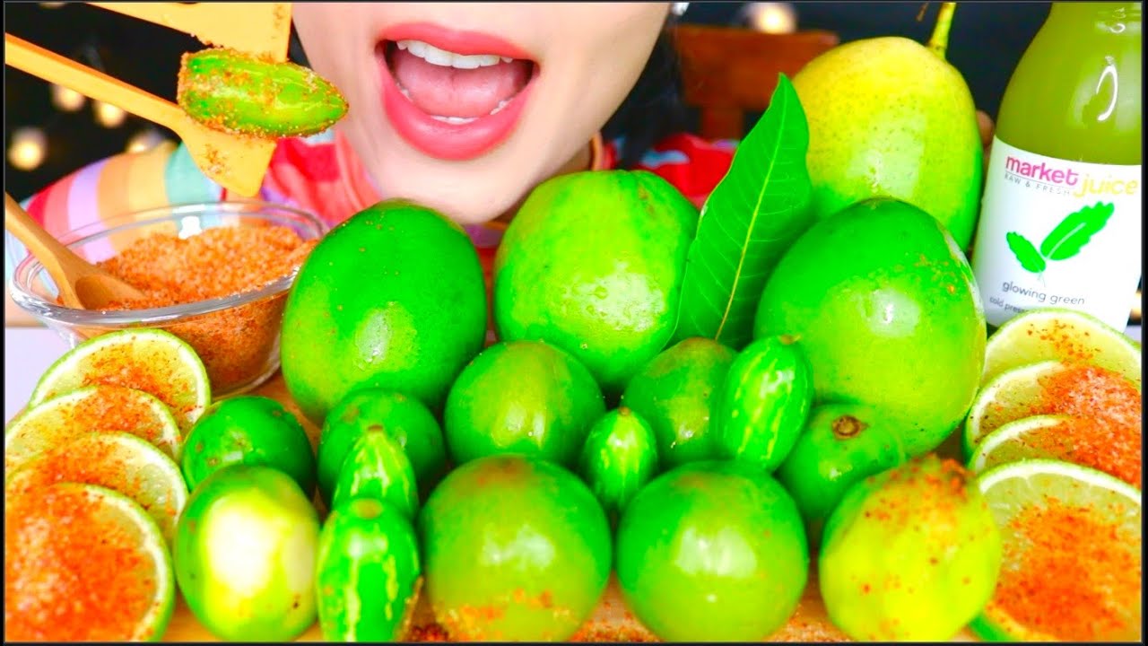 ASMR SOUR FRUITS, HOT SALT, LIME, AMBARELLA, GREEN MANGO, GUAVA, PLUM, GREEN JUICE  水果 먹방 |  咀嚼音