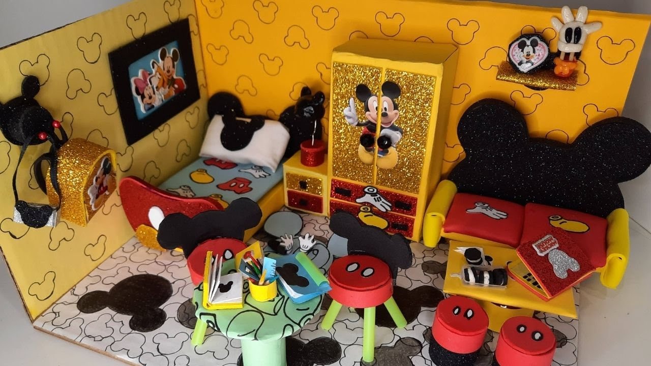 Cómo hacer una habitación temática de Mickey Mouse miniatura cartón💗Habitación miniatura bricolaje#1