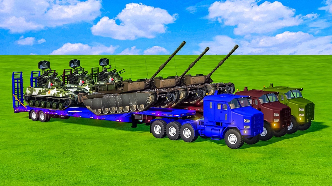 Colorful Big Truck Transporting Mixer Truck With Long Flatbed - Army Truck, Military Tank, M1 Tank