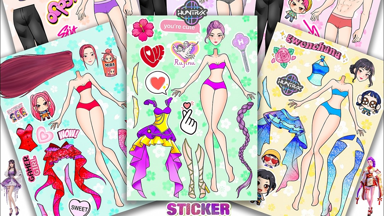 Oddly Satisfying ASMR Sticker Book Huntrix Idol Gamer Girl & High-Low Dress Makeover! Paper DIY #224