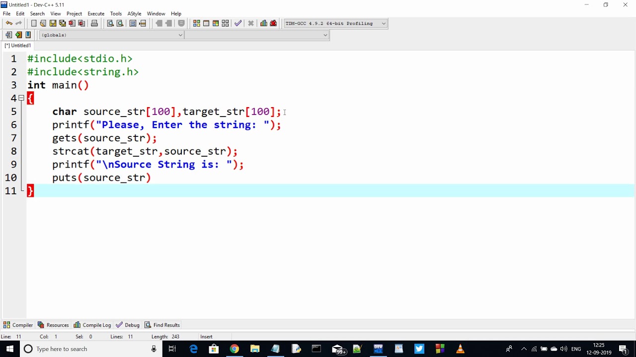 String Concatenation using strcat function  in C Language