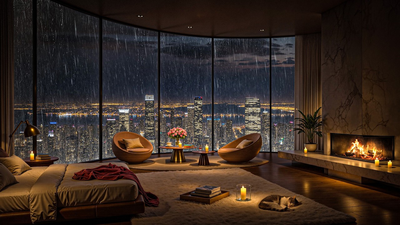 🎶 Cozy City Night Jazz 🌧️🔥 Luxury Bedroom Fireplace & Rainy Skyline for Deep Relaxation