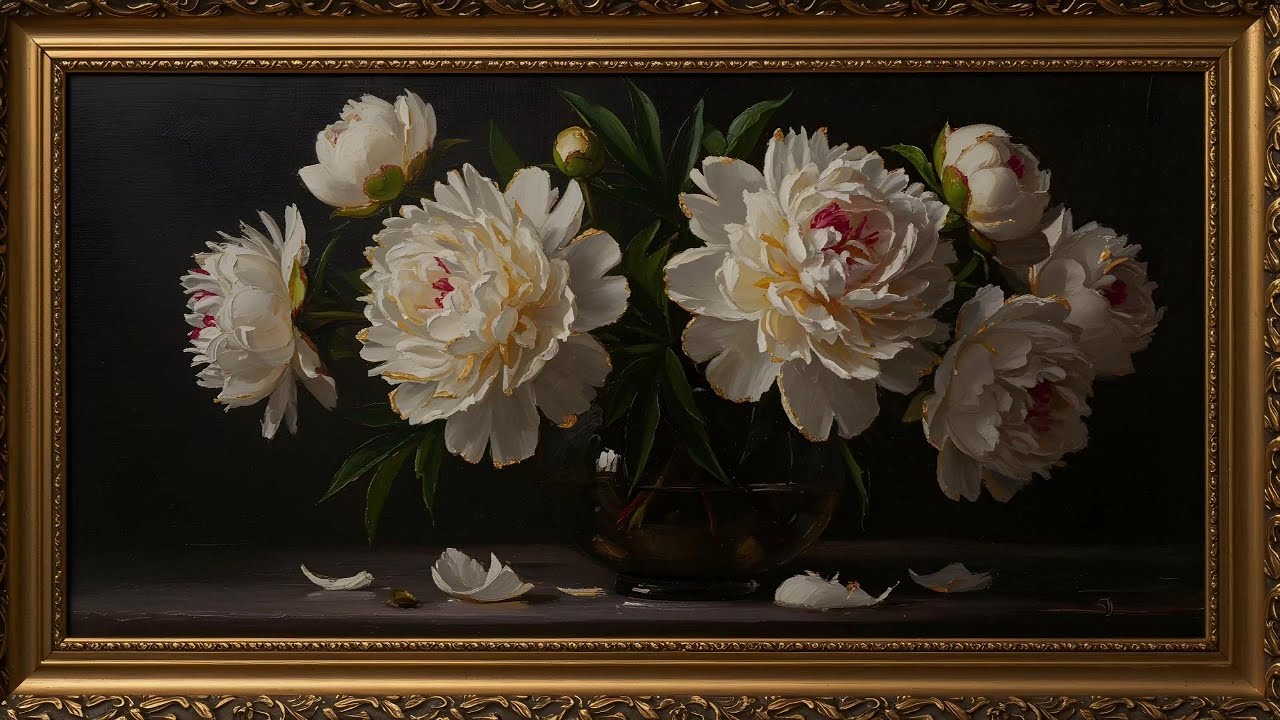 🌼 Vintage Floral Gold Peony Oil Painting | 4K Gold Frame Picture TV Art Screensaver Wallpaper
