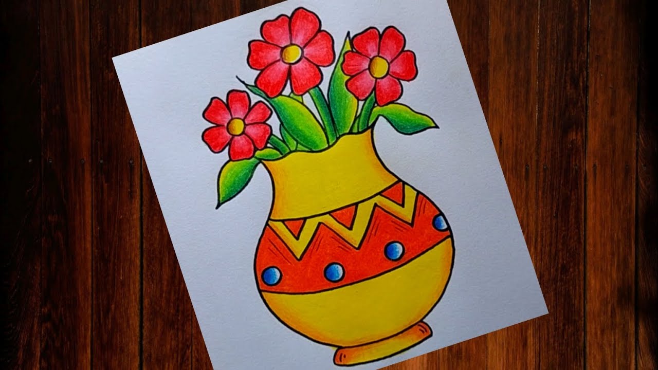 Easy and Simple Flower pot drawing| Flower Vase drawing| How to draw Designer Flower pot