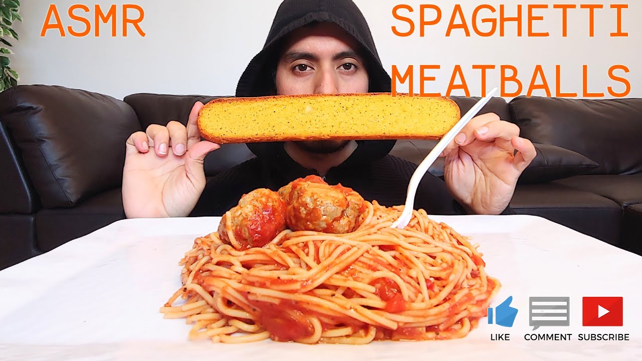 ASMR SPAGHETTI MEATBALLS AND GARLIC BREAD EATING SOUNDS MUKBANG