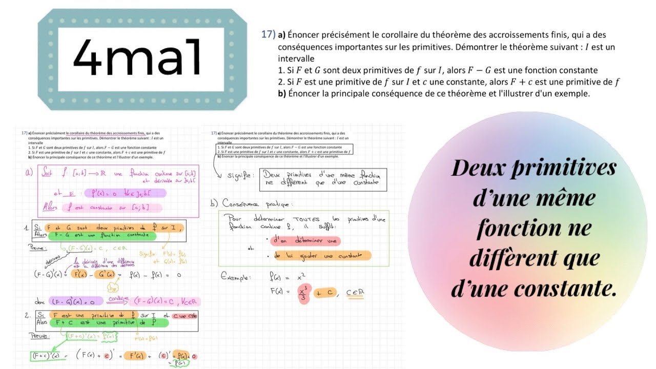 4ma1/3ma2 - Deux primitives d’une même fonction diffèrent d’une constante (démonstration)