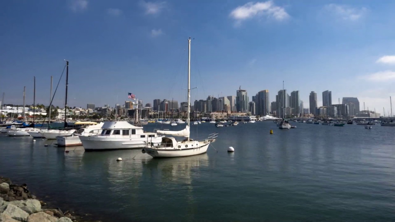 Time lapse of San Diego skyline, marina and a few inbound flights (to SAN)