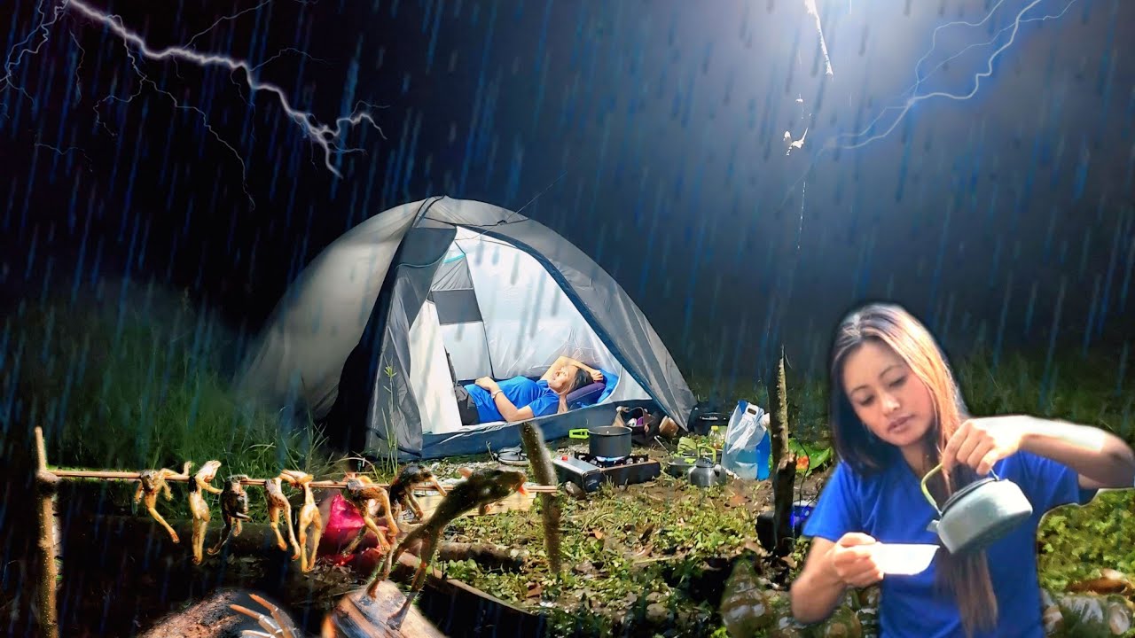Camping in heavy rainstorm | catch and cook Frogs, Crabs,snails with wild veggies..