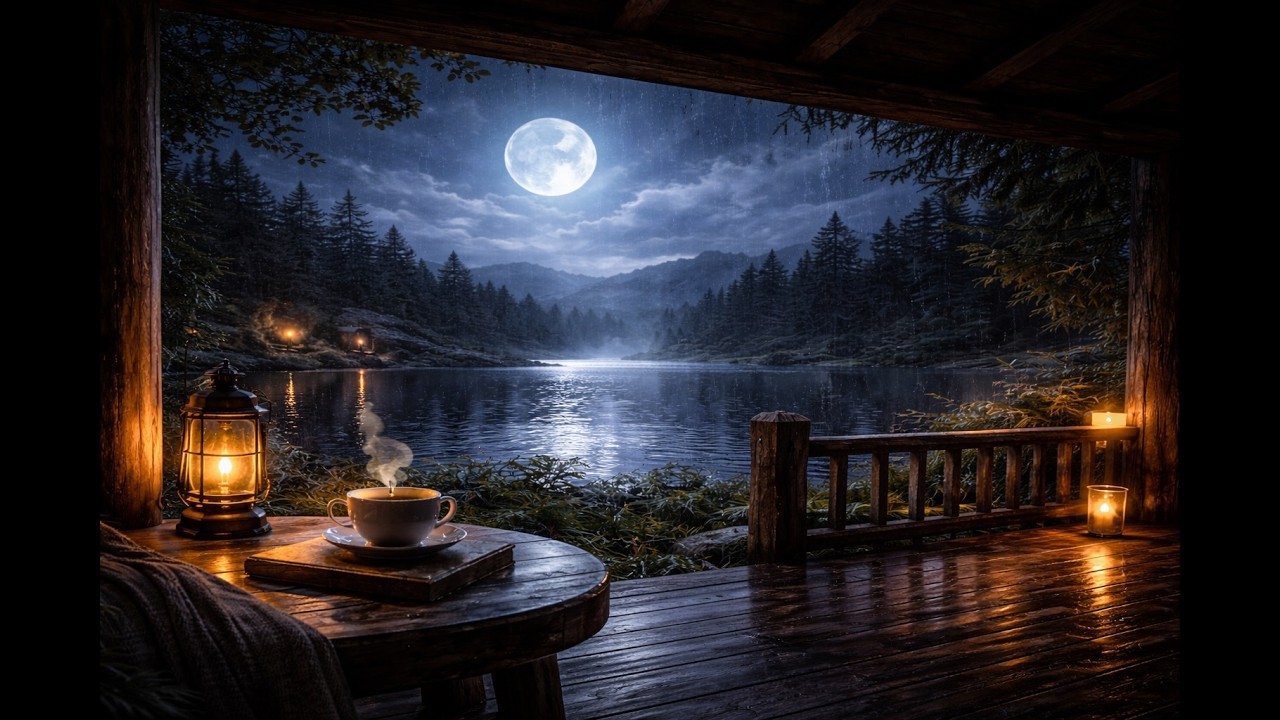 3 Hours Cozy Rain Night 🌙 Peaceful Moonlit Lake Ambience for Sleep