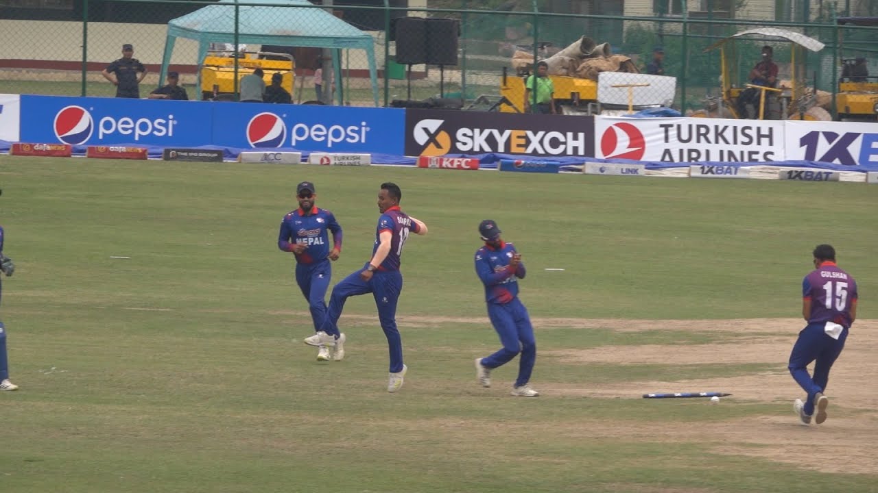 Sompal Kami Pump up moment when he knock out the middle of wicket | Nepal Vs Qatar ACC Premier Cup