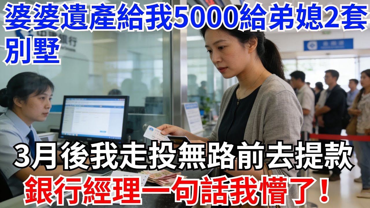婆婆遺產只給我5000，給弟媳2套別墅。讓弟媳前去家門，我處理後事，3月後，我走投無路前去提款。銀行經理一句話，我懵了。#故事#情感