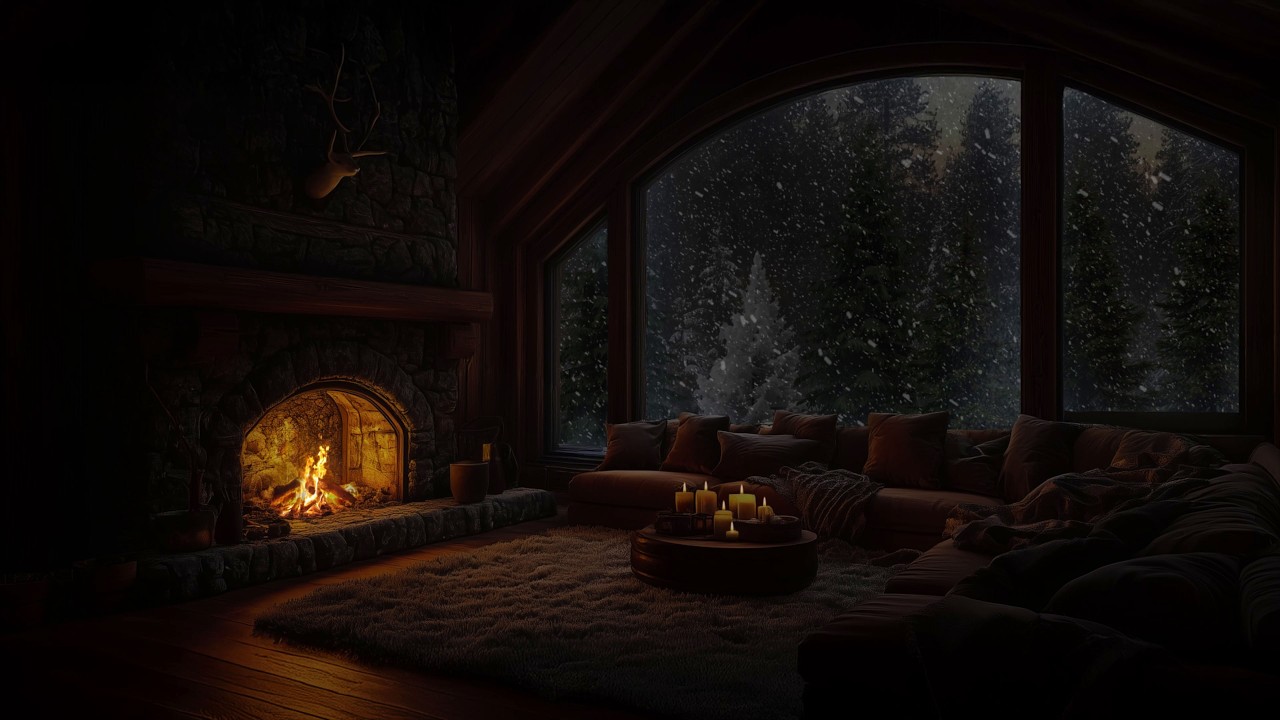 Quiet Snowstorm Outside Warm Cabin Fireplace Sounds for Study and Stress Relief