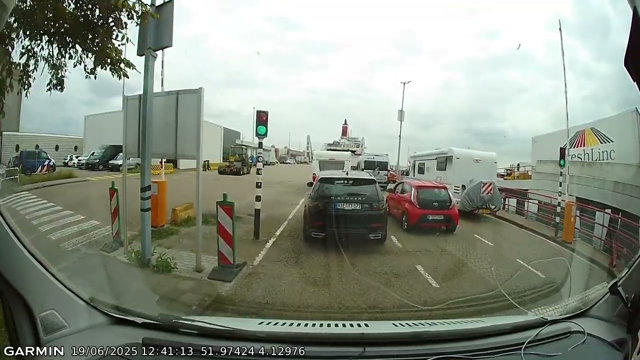 Driving through Hook of Holland and boarding ferry.