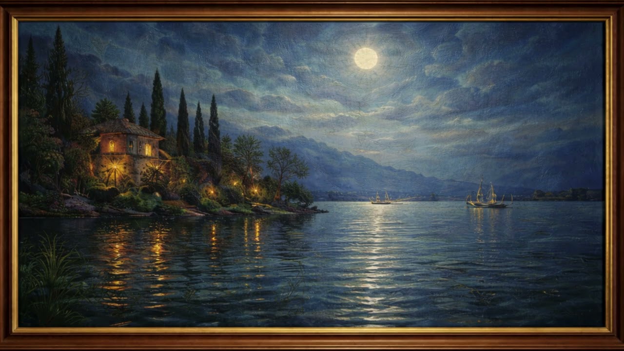 🌙 Moonlit Lake at Night – Premium Ambient Piano | 1 Hour Art Frame Calm