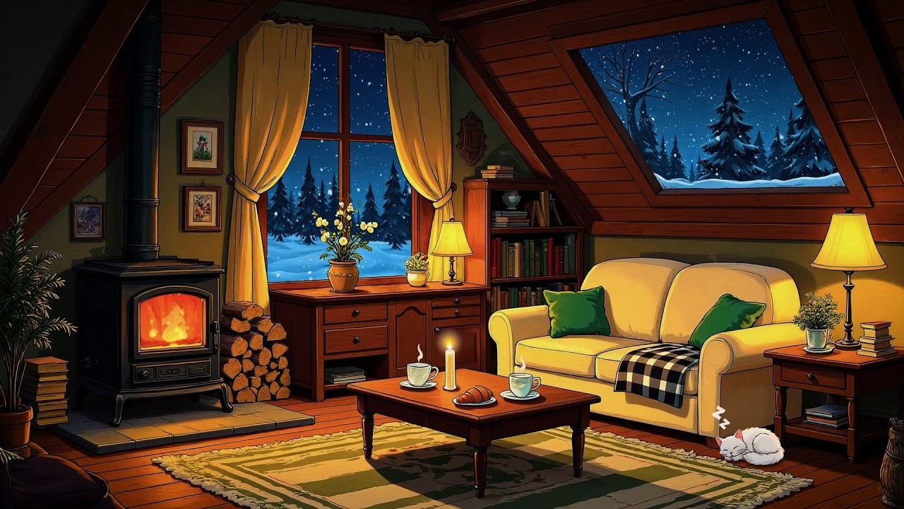 oldies playing in another room with snowfall and cozy fireplace | vintage music to unwind