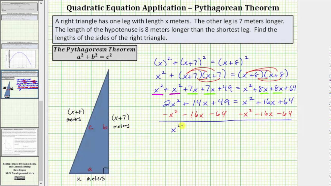 Factoring Application - Find the Lengths of Three Sides of a Right Triangle (Pythagorean Theorem)