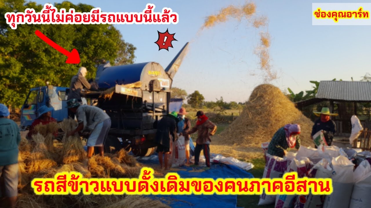 รถสีข้าวรถนวดข้าวแบบดั้งเดิมของคนอีสาน ก่อนที่จะมีรถเกี่ยวข้าว