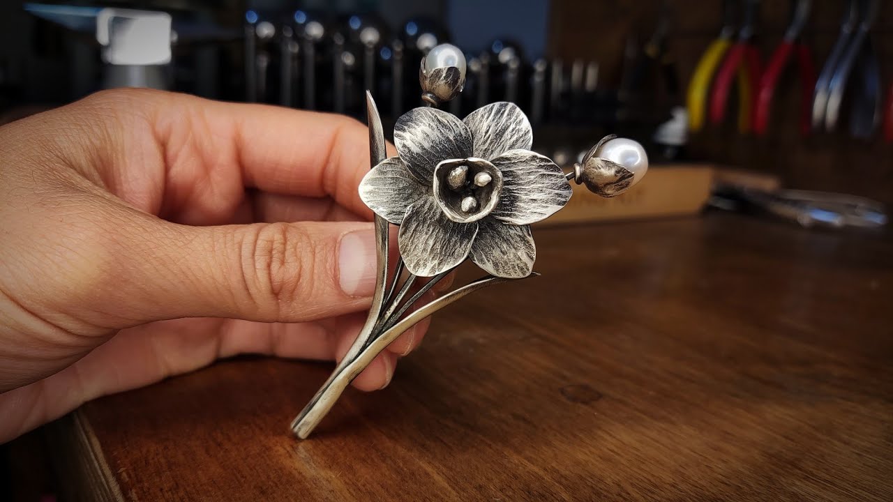 Silver Narcissus Flower Brooch with Cultured Pearl | Handmade Jewelry