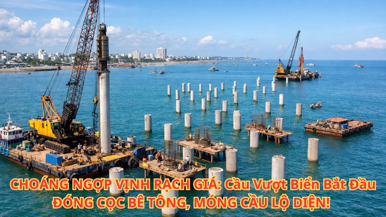 Choáng Ngộp Vịnh Rạch Gía Cầu Vượt Biển Bắt Đầu Đóng Cọc Bê Tông, Móng Cầu Lộ Diện!