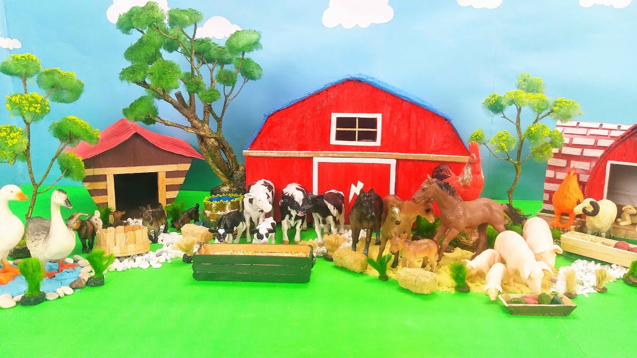 Learn Farm Animal Names for Toddlers | Farm Tractor Small World Diorama Horse Cow