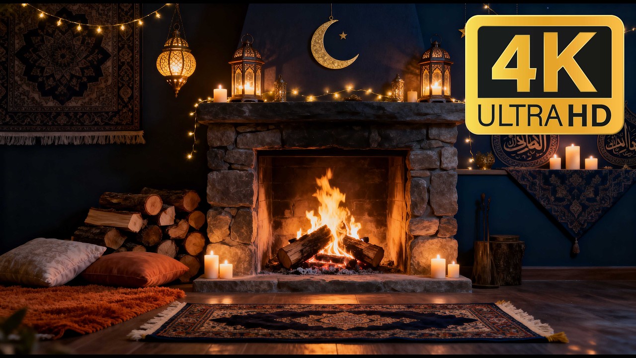 12H Ramadan Night Fireplace 4K 🌙 Lantern Light & Peaceful Crackling Fire (No Music)