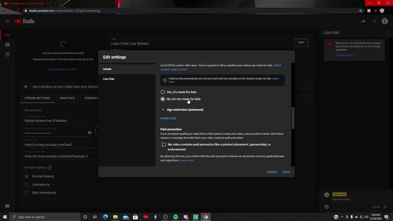 Unlisted streaming to youtube