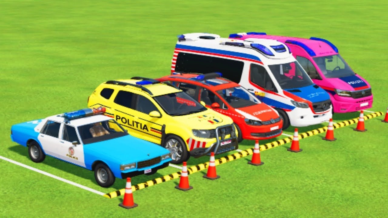 TRANSPORTING CARS, AMBULANCE, POLICE CARS, FIRE TRUCK, MONSTER TRUCK OF COLORS! WITH TRUCKS! - FS 22