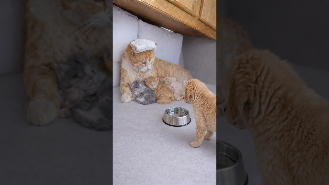 A Puppy Brings Water to a Sick Mom Cat and Gets a Gentle Thank You