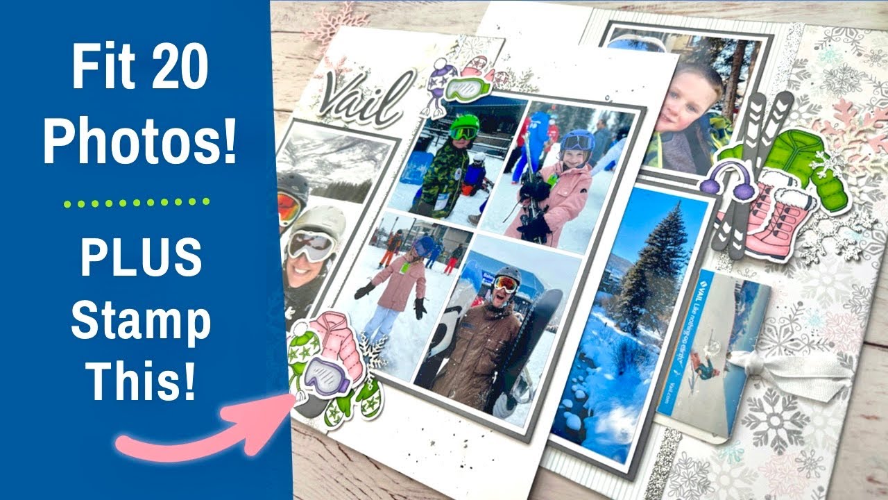 20 Photos + Stamping on a Layout | 12x12 Double Page Snow Ski Trip Scrapbooking Idea