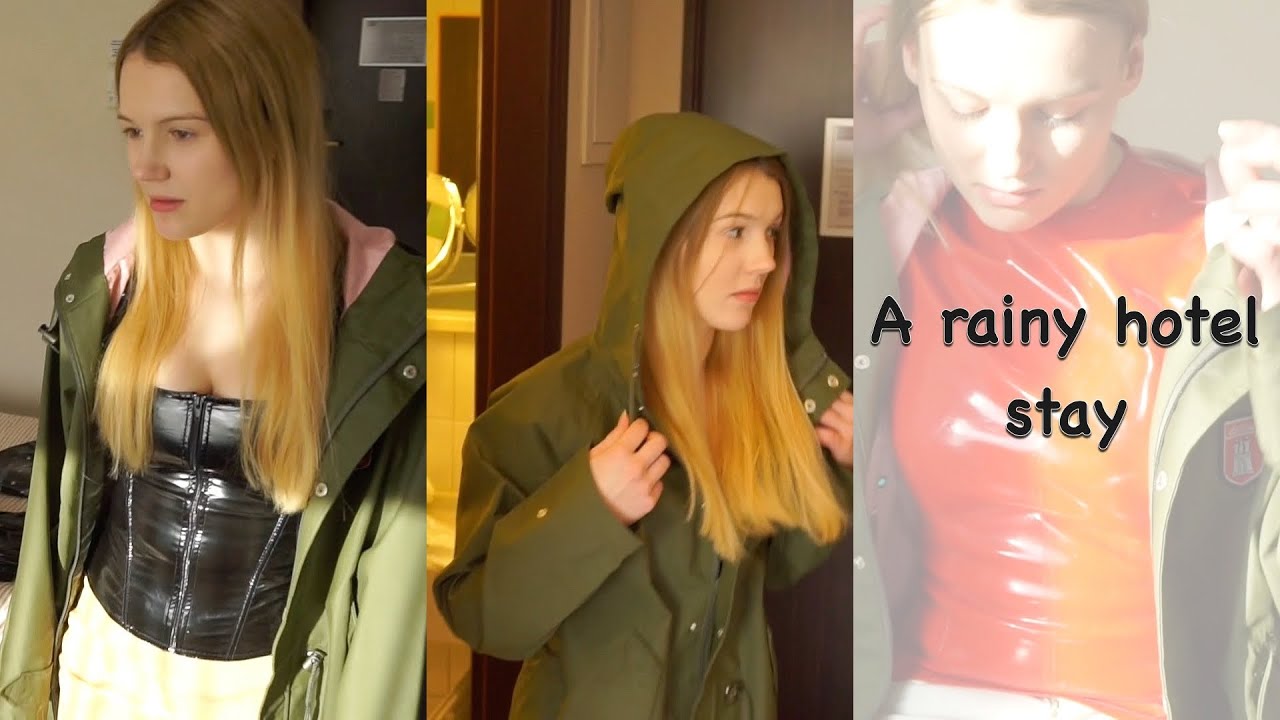 Blonde rainwear girl in the hotel - vinyl clothes, Friesennerz, raincoat, rubberboots, wellies
