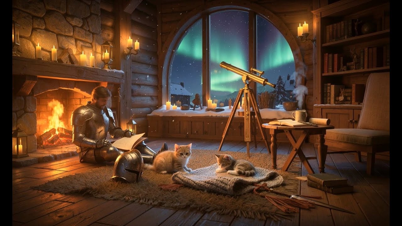 Knight’s Hearth 🛡️🔥 — Cozy Fireplace Night with Cats | 2 Hours Sleep, Study & Relax
