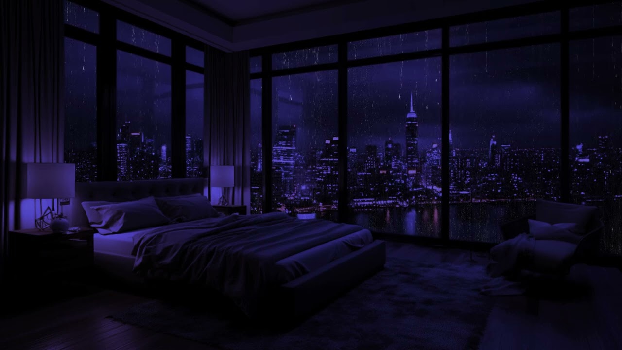 Sonidos de lluvia en un dormitorio oscuro con ambiente urbano: relájate y descansa