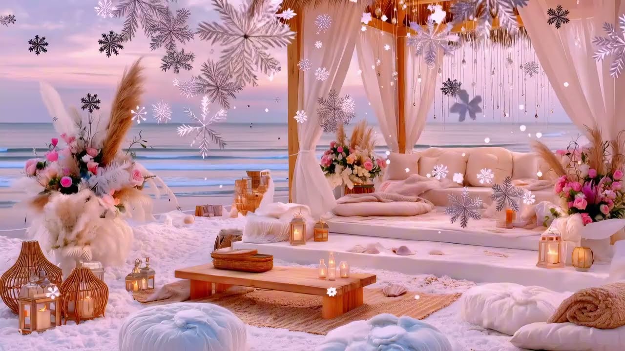 Winter Beach Ambience ❄️ Cozy Pergola, Ocean Waves & Meditation Music 4K (2 Hours)
