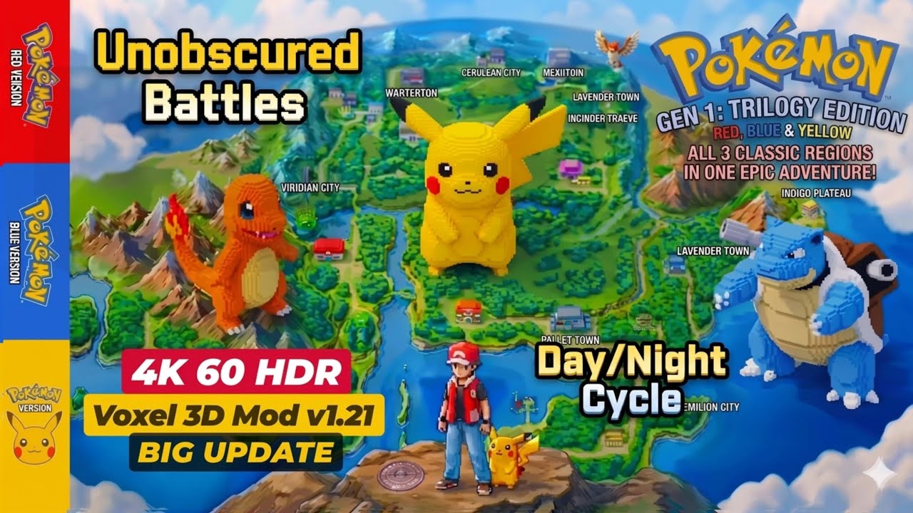 Pokemon Red, Blue & Yellow | 4K HDR | 60FPS | Voxel 3D Mod v1.2.1 | Big Update | PC Port