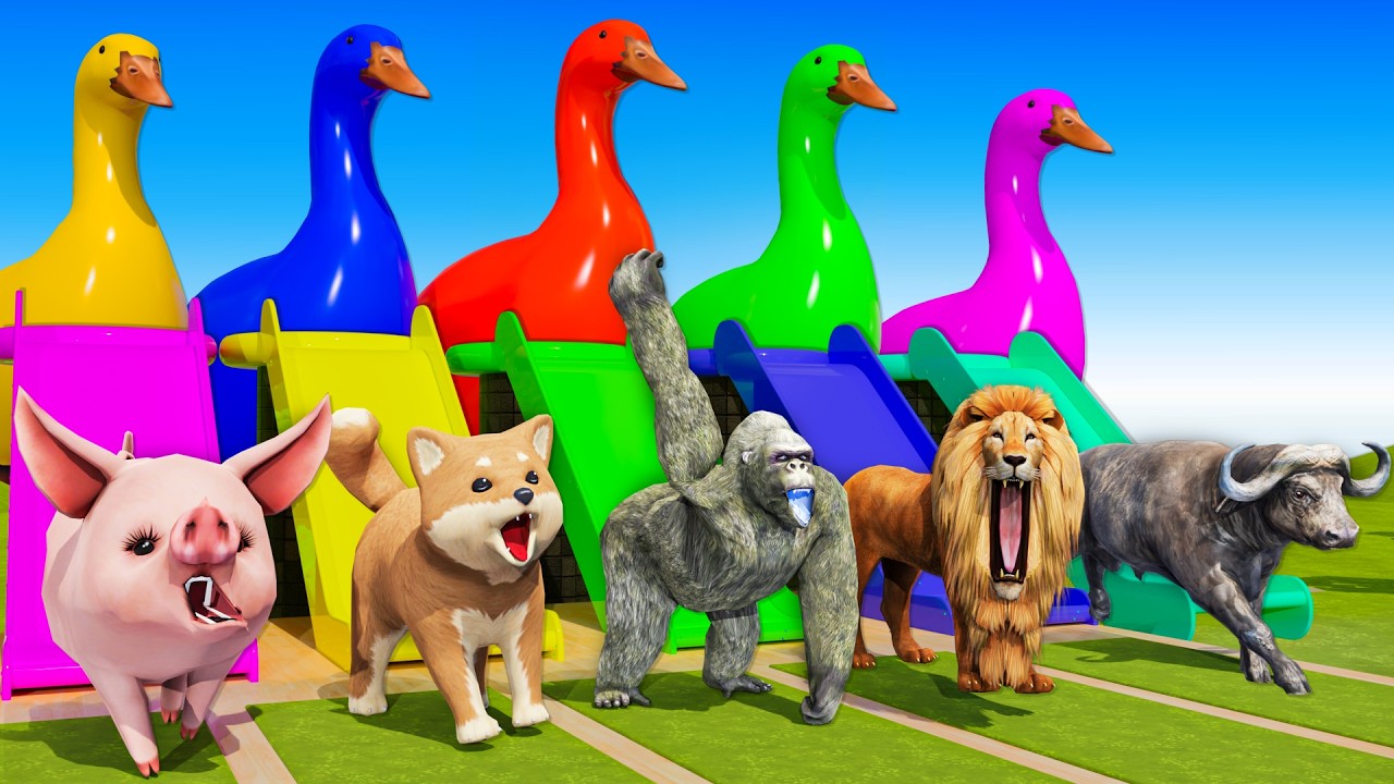 Long_ Slide Game With Cow Elephant Gorilla Hippopotamus Giant Robot 3D Animal Game Funny 3D Animals