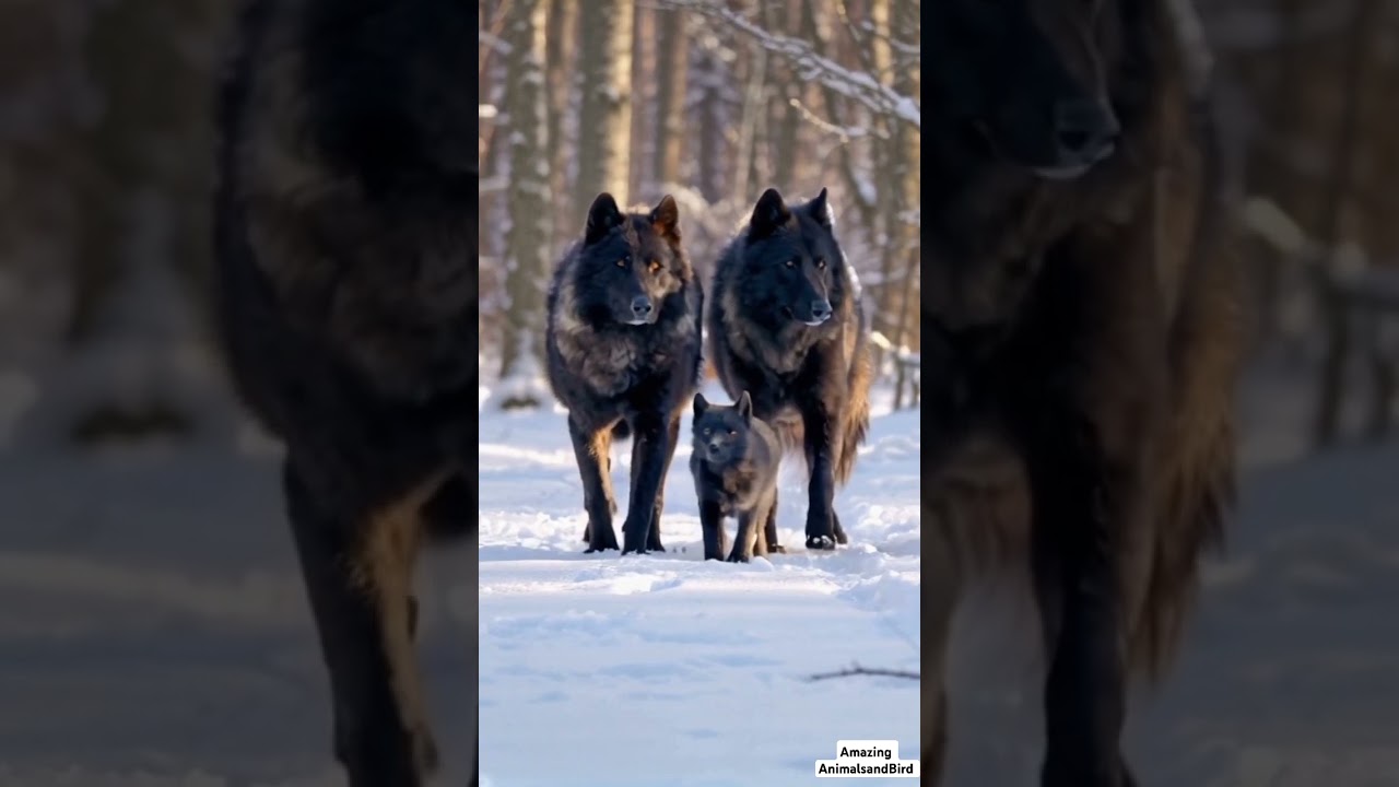 Majestic Snow Black Wolves Walking with Adorable Baby Wolves in Winter Wonderland | Rare Wildlife