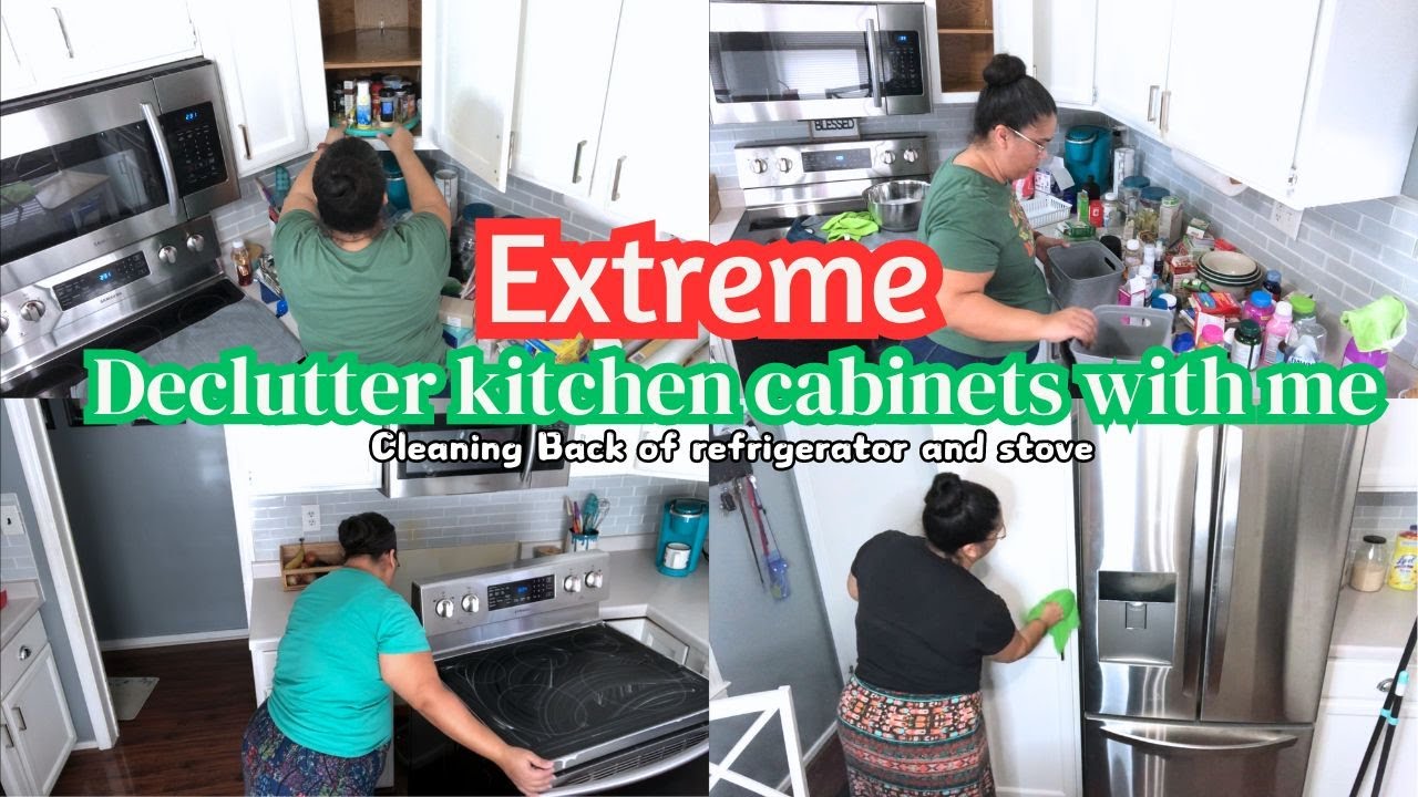 Extreme Declutter Kitchen Cabinets with Me/Cleaning back of refrigerator and stove