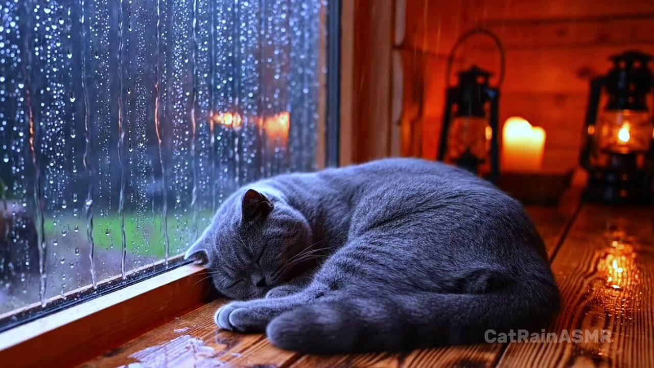 Heavy rain accompanied by Scottish Fold snoring at the window | perfect for focusing & relaxing