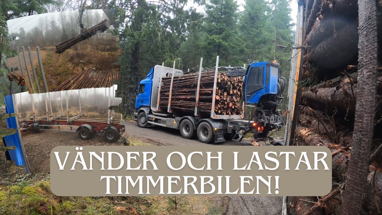 Vänder, lastar och kör ut med timmerbil - Mjuk skogsväg