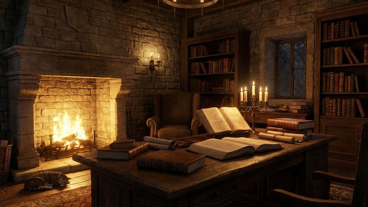 Cozy Medieval Library Ambience | Fireplace Sounds for Study & Relaxation