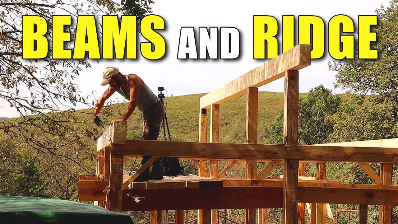 CABIN Main Frame Completed! | Building an Off-Grid Cabin Camp #7 | Beams and Ridge