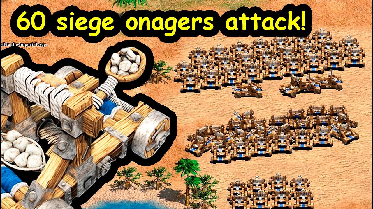 60 siege onagers attacking an enemy town in Age of Empires 2. Teutons vs Britons. AOE2 memes