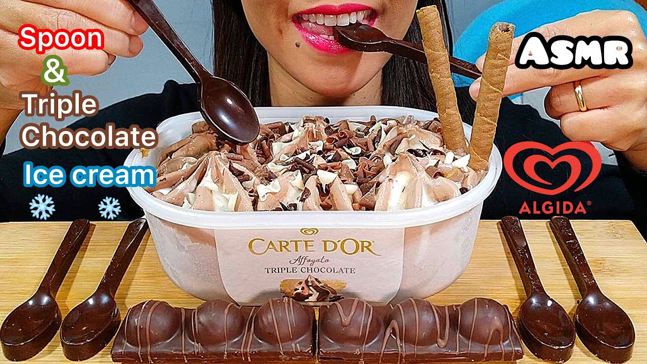 EATING SPOON, TRIPLE CHOCOLATE ICE CREAM & FERRERO DUPLO BAR ASMR 먹방 Real Sounds
