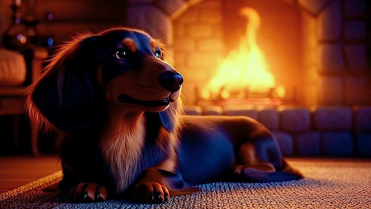 2 Hours Cozy Dachshund by Fireplace & Rain | Dog Sleeping Ambience No Music ASMR 🐶🔥