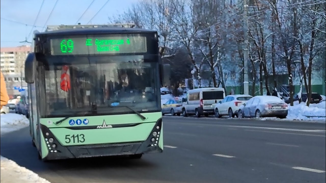 Минск.Поездка в троллейбусе МАЗ-303Т20,борт.5113,марш.69(03.02.2026)