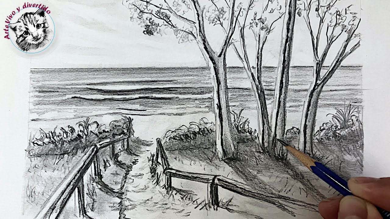 Cómo Dibujar un Paisaje a Lápiz FÁCIL y Paso a Paso ✏️ | Mar, árboles y arena