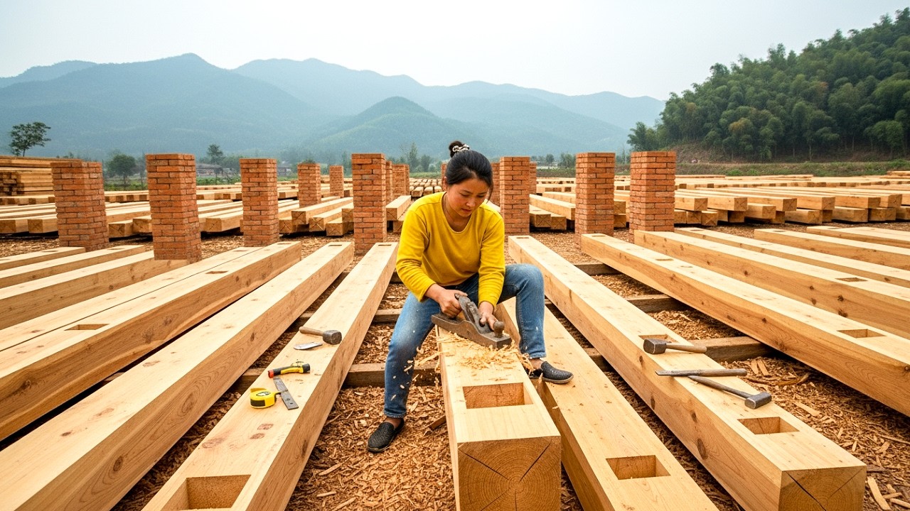 Young woman completes the house foundation and crafts wooden columns before raising the frame
