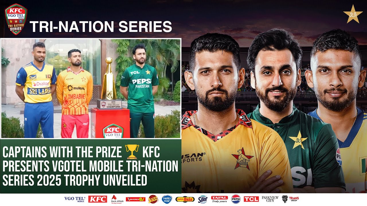 Captains with the prize 🏆 KFC Presents VGOTEL Mobile Tri-Nation Series 2025 trophy unveiled