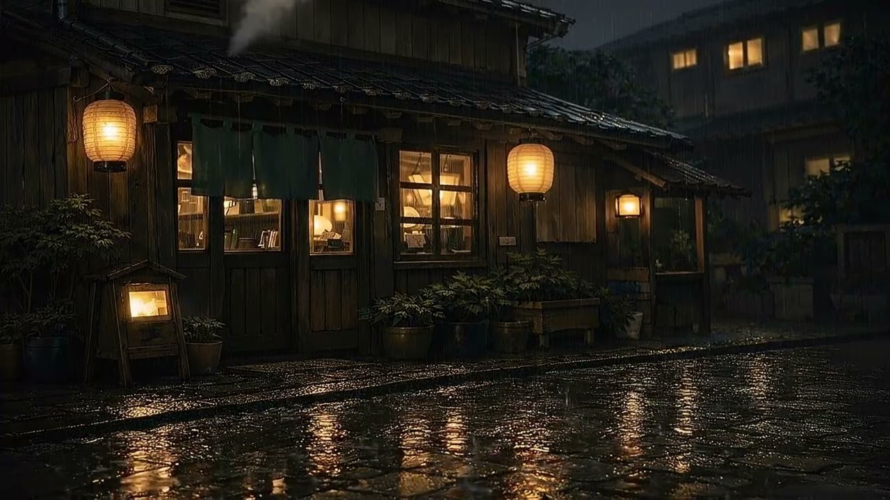 Rainy Night in Japan • Cozy Coffee Shop Ambience (No Music) • Lanterns + Gentle Rain #cozynights